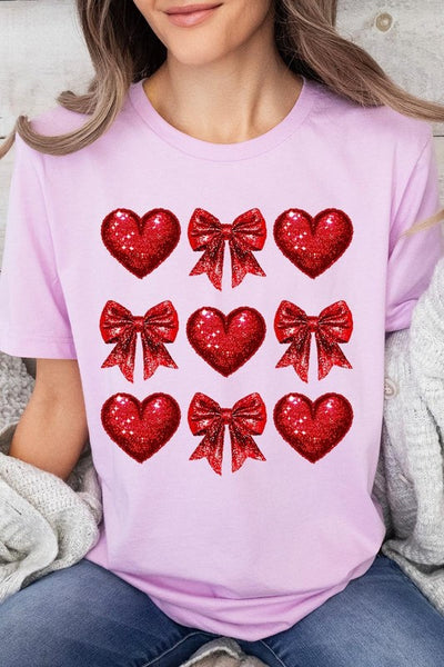 Explore More Collection - Faux Glitter Valentine Hearts & Bows Graphic Tee