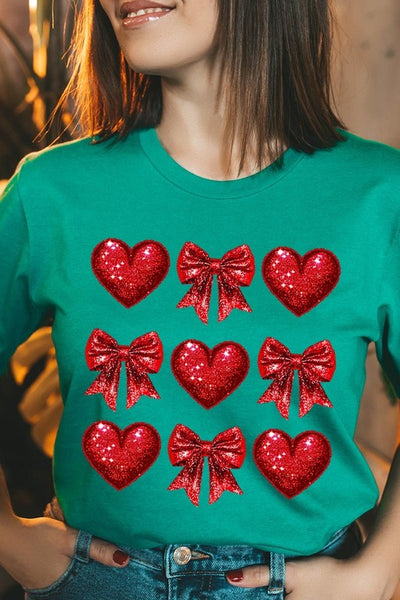 Explore More Collection - Faux Glitter Valentine Hearts & Bows Graphic Tee