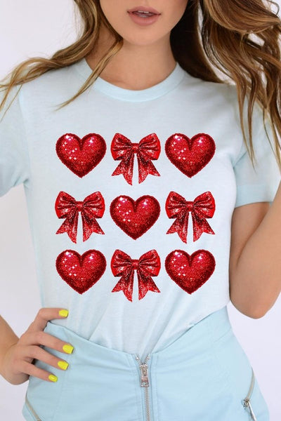 Explore More Collection - Faux Glitter Valentine Hearts & Bows Graphic Tee