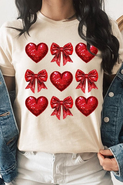 Explore More Collection - Faux Glitter Valentine Hearts & Bows Graphic Tee