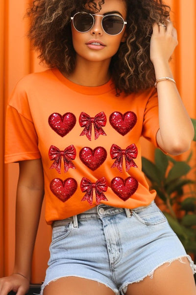 Explore More Collection - Faux Glitter Valentine Hearts & Bows Graphic Tee