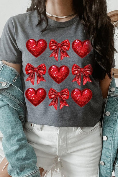 Explore More Collection - Faux Glitter Valentine Hearts & Bows Graphic Tee