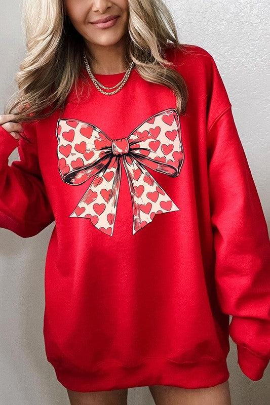 Explore More Collection - Heart Coquette Bow Graphic Fleece Sweatshirt