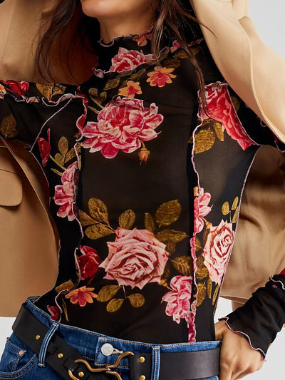 Explore More Collection - Floral Mock Neck Long Sleeve Top