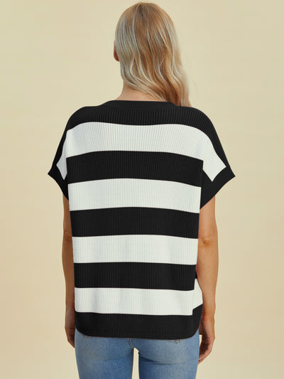 Explore More Collection - Double Take Full Size Striped V-Neck Short Sleeve Sweater