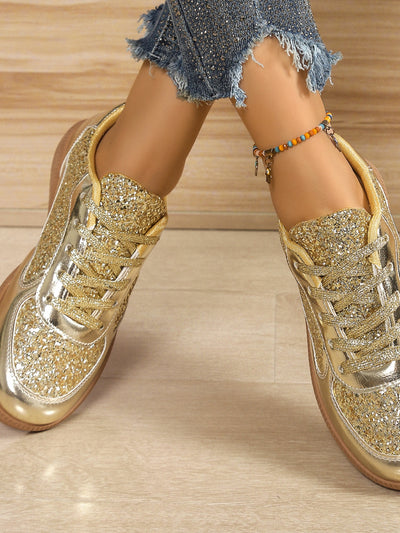 Explore More Collection - Sequin PU Leather Flat Sneakers