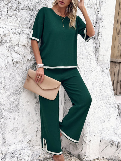 Explore More Collection - Contrast Trim Round Neck Top and Pants Set