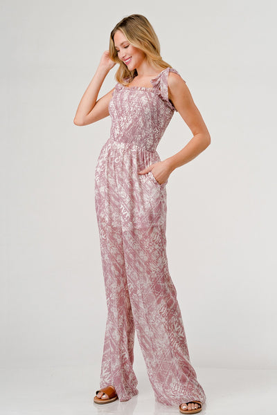 Explore More Collection - GeeGee Printed Tie Shoulder Wide Leg Jumpsuit