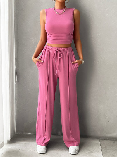 Explore More Collection - Mock Neck Sleeveless Top and Drawstring Pants Set