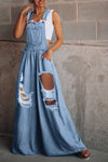 Explore More Collection - Distressed Wide Leg Denim Overalls