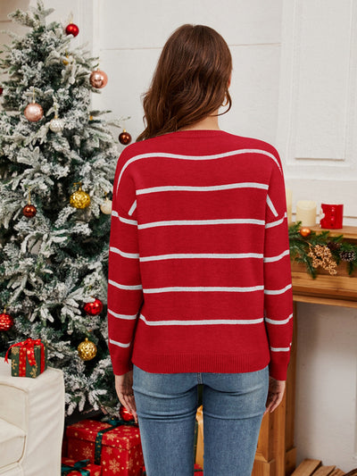 Explore More Collection - Sequin Santa Striped Round Neck Long Sleeve Sweater