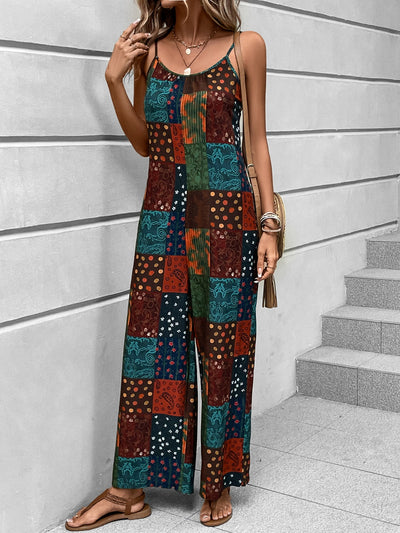 Explore More Collection - Printed Scoop Neck Spaghetti Strap Jumpsuit