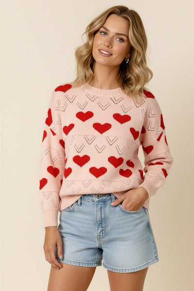 Shawna - A Round Neck Long Sleeve Heart Jacquard Pullover Sweater