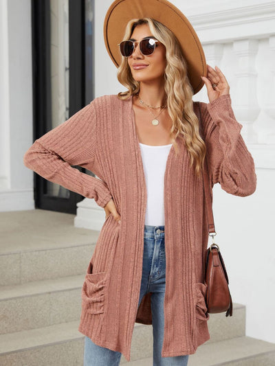 Explore More Collection - Pocketed Open Front Long Sleeve Cardigan