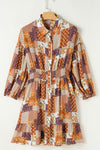 Explore More Collection - Printed Collared Neck Three-Quarter Sleeve Mini Shirt Dress