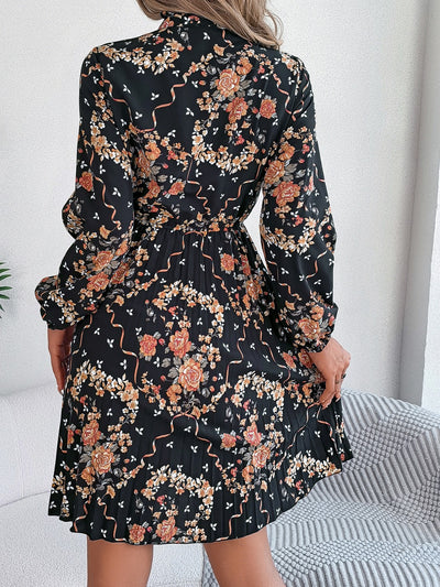 Explore More Collection - Pleated Printed Tie Neck Long Sleeve Dress