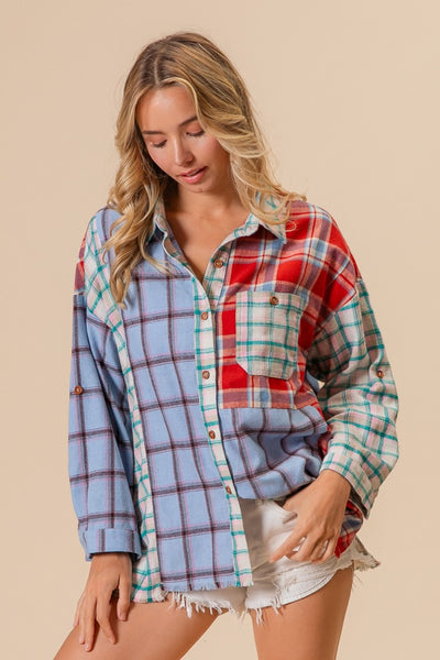 Explore More Collection - BiBi Color Block Plaid Button Down Shirt