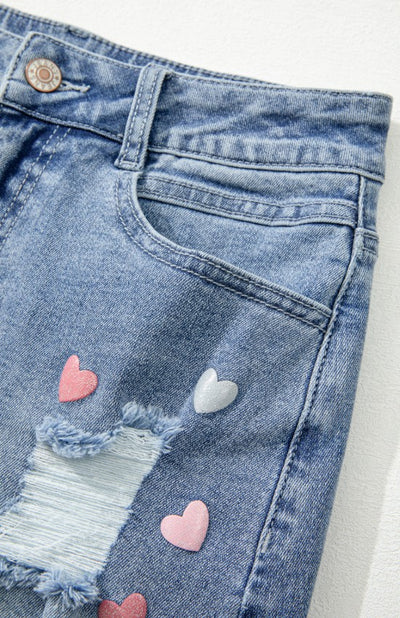 Explore More Collection - Distressed Raw Hem Heart Denim Skirt