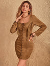 Explore More Collection - Fringe Lace Up Square Neck Long Sleeve Mini Dress