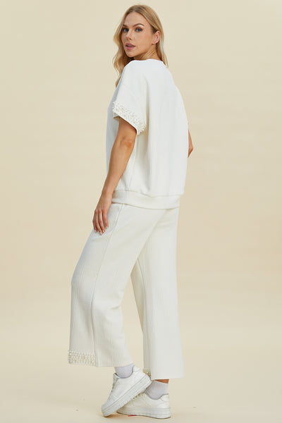 Explore More Collection - Double Take Full Size Pearl Detail Round Neck Top and Pants Set