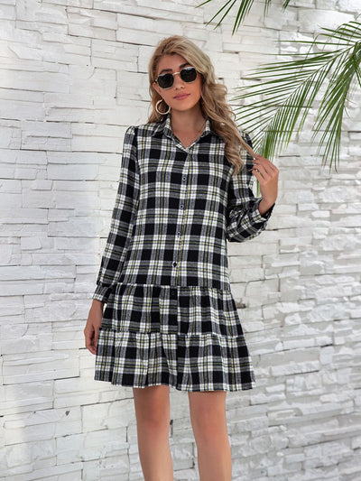 Explore More Collection - Ruffle Hem Plaid Button Down Long Sleeve Dress