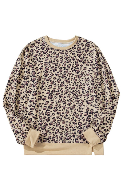 Explore More Collection - Slit Leopard Round Neck Long Sleeve Sweatshirt