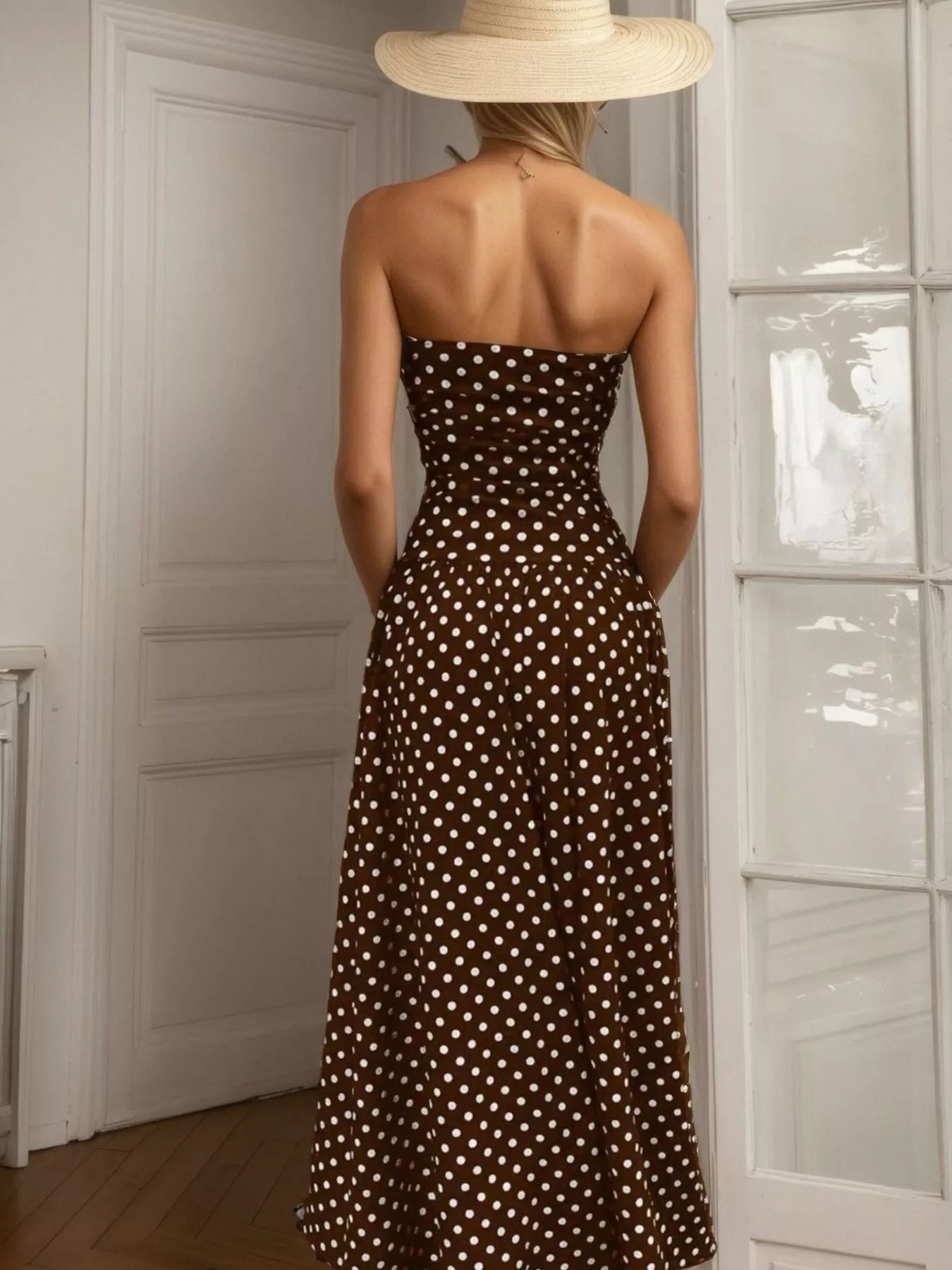 strapless brown polka dot dress Strapless Brown Polka Dot Dress Large