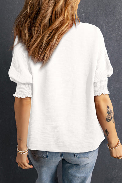 Explore More Collection - Smocked Johnny Collar Half Sleeve Blouse