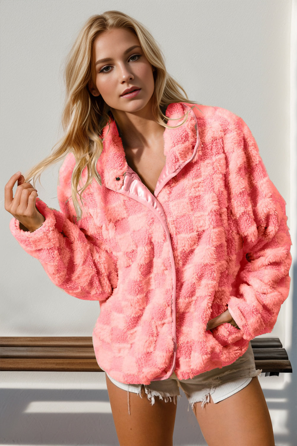 Explore More Collection - Double Take Checkered Long Sleeve Fuzzy Jacket