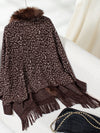 Explore More Collection - Fringe Leopard Open Front Long Sleeve Poncho