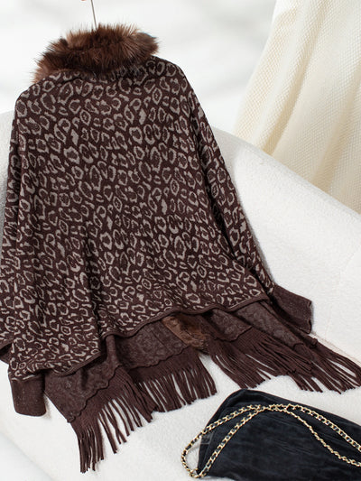 Explore More Collection - Fringe Leopard Open Front Long Sleeve Poncho