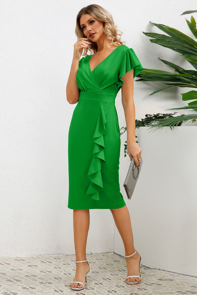 Explore More Collection - Ruffled Slit Surplice Cap Sleeve Dress