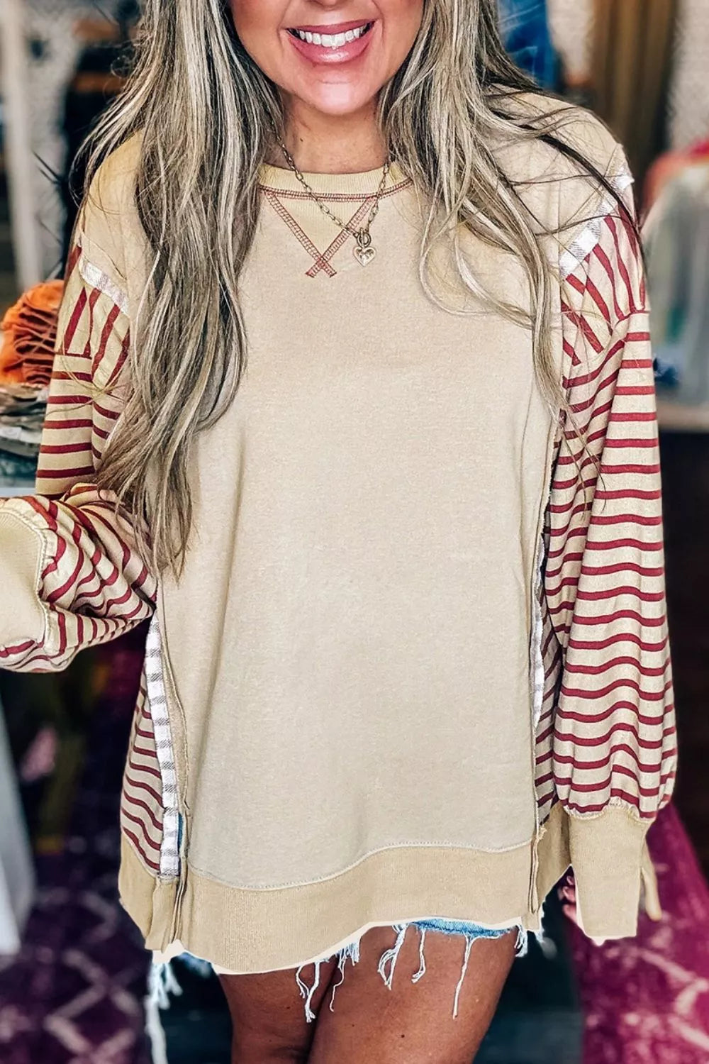 Slit Striped Long Sleeve Sweatshirt