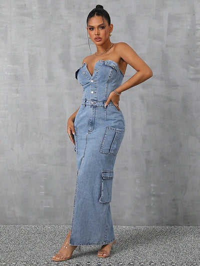 Explore More Collection - Slit Half Button Tube Denim Dress