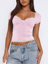 Explore More Collection - Lace Detail Sweetheart Neck Short Sleeve T-Shirt