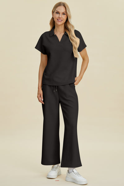 Explore More Collection - Double Take Full Size Collared Neck Short Sleeve Top and Pants Set