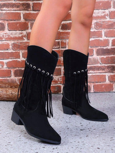 Explore More Collection - Fringe Suede Point Toe Block Heel Boots