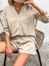 Explore More Collection - Notched Long Sleeve Top and Shorts Set