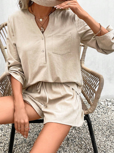 Explore More Collection - Notched Long Sleeve Top and Shorts Set