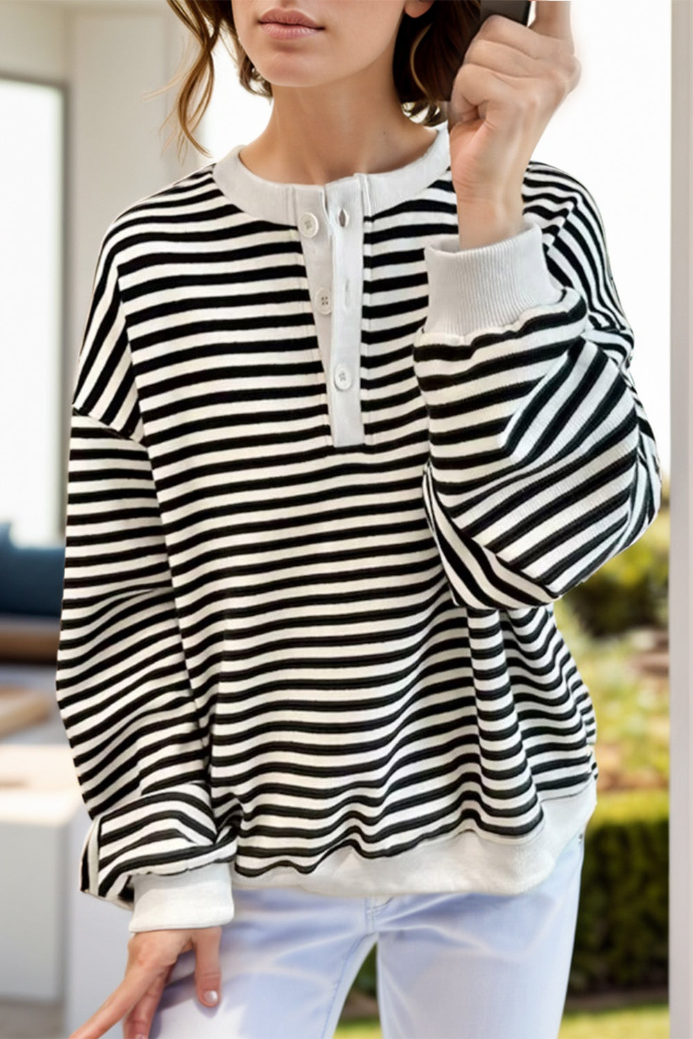 Explore More Collection - Striped Dropped Shoulder Long Sleeve Sweatshirt