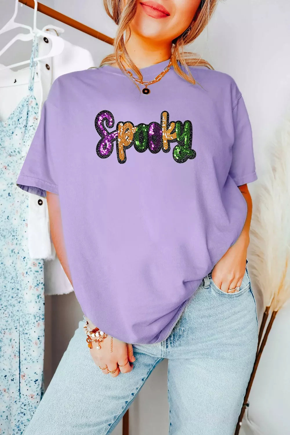 Full Size Spooky Sequin Letter Patched Cotton Blend T Shirt Plus Size
