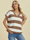 Explore More Collection - Double Take Full Size Striped V-Neck Short Sleeve Sweater