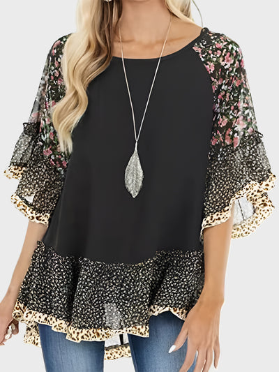 Explore More Collection - Full Size Frill Printed Round Neck Half Sleeve Blouse