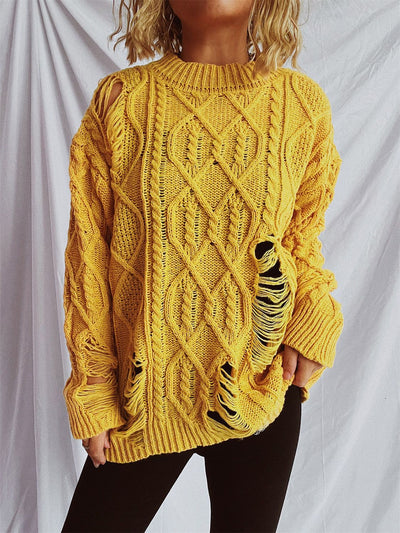 Explore More Collection - Distressed Cable-Knit Round Neck Long Sleeve Sweater