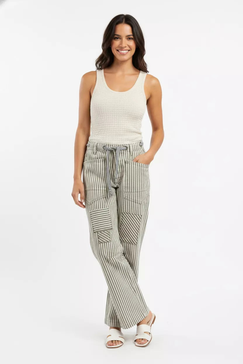BiBi Drawstring Striped Twill Barrel Pants