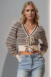 Explore More Collection - Double Take Full Size Striped Bow Decor Cropped Cardigan