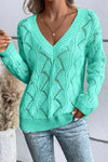 Explore More Collection - Openwork V-Neck Long Sleeve Sweater