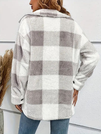 Explore More Collection - Plaid Dropped Shoulder Long Sleeve Plush Coat