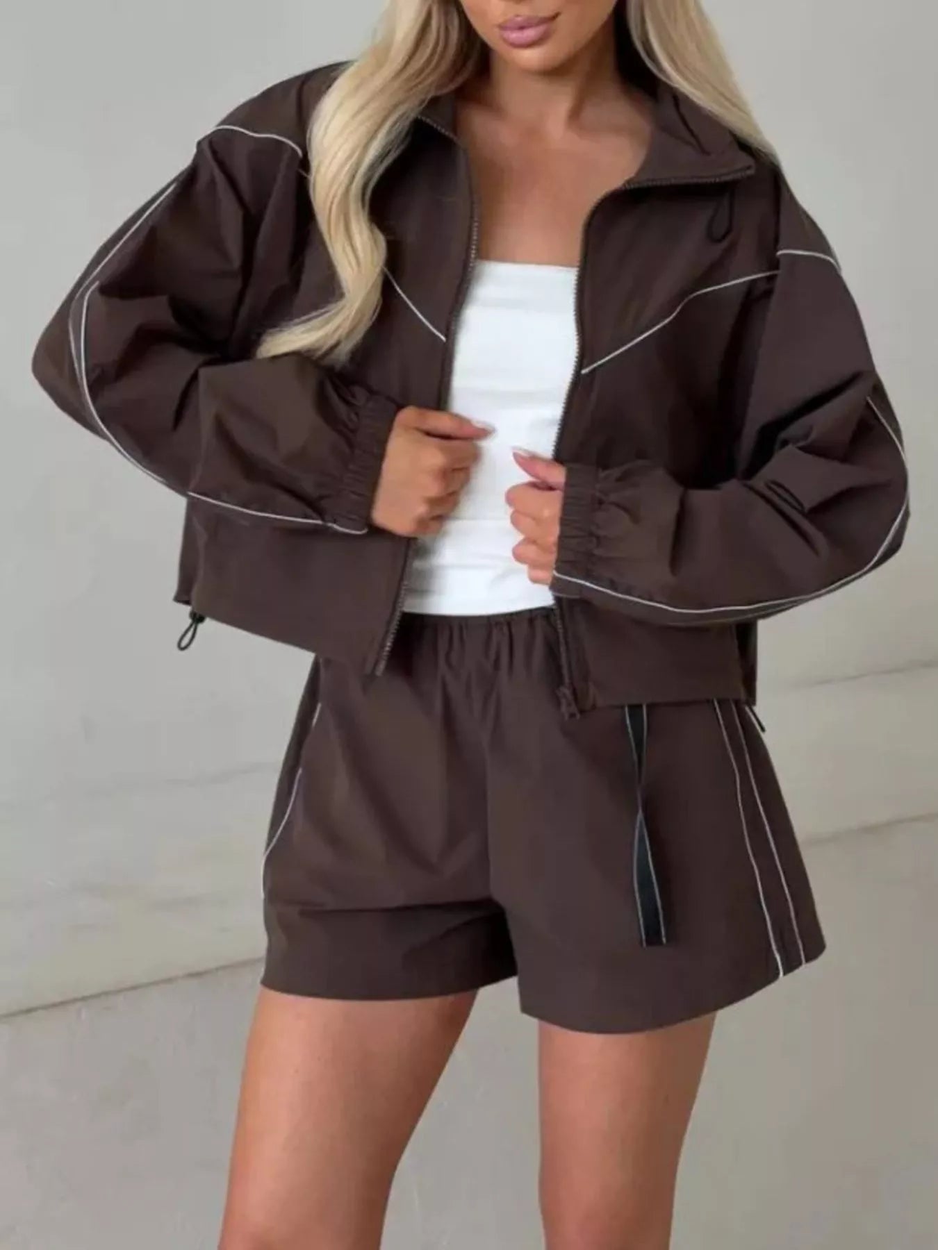 Drawstring Zip-Up Jacket and Shorts Set