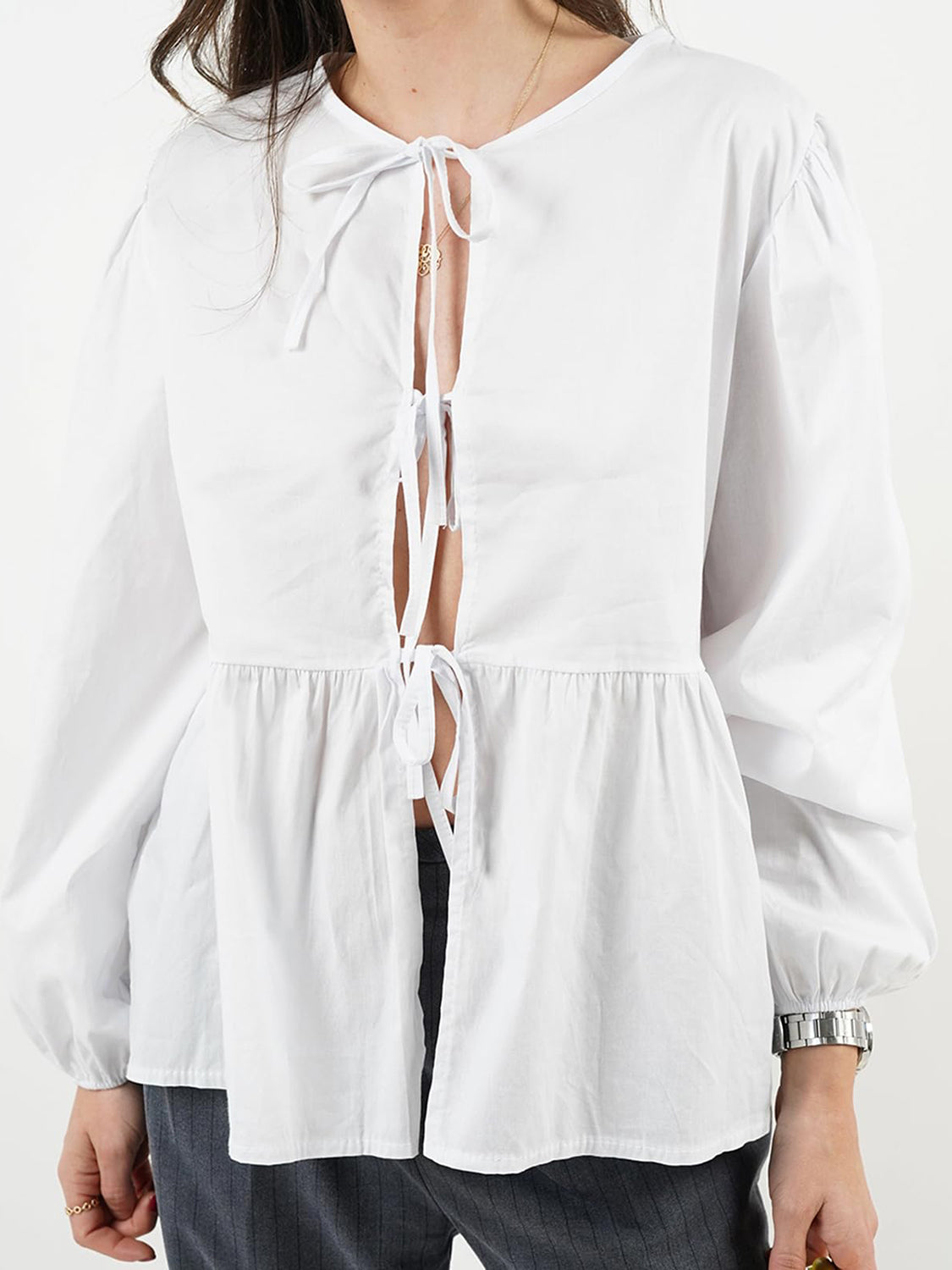 Explore More Collection - Tied Round Neck Long Sleeve Blouse